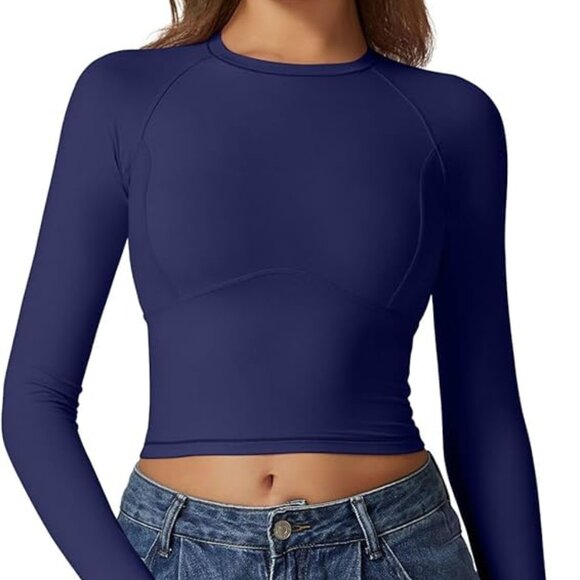 QINSEN Womens Crewneck Long Sleeve Shirt Double Lined Basic Tees Side Ruched - Picture 1 of 2